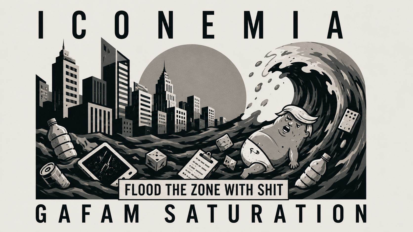 ICONEMIA graphic poster: GAFAM saturation and image flood.